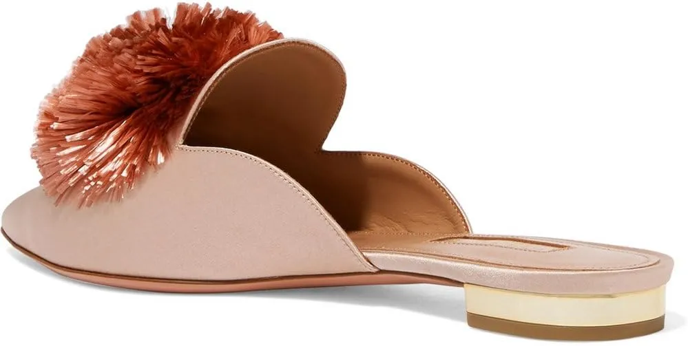 Divanne Mules for Women, Puff Pompom-Embellished Slip On Loafers Backless Pointed Toe Satin Mule Slides
