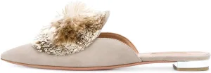 Divanne Mules for Women, Puff Pompom-Embellished Slip On Loafers Backless Pointed Toe Satin Mule Slides