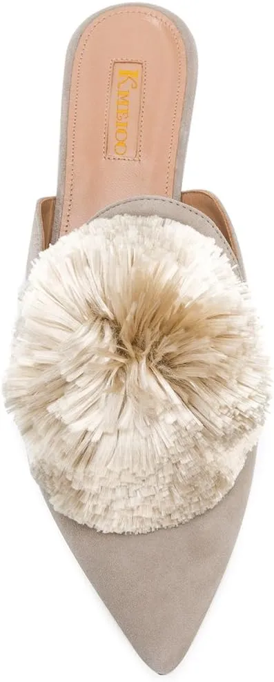 Divanne Mules for Women, Puff Pompom-Embellished Slip On Loafers Backless Pointed Toe Satin Mule Slides