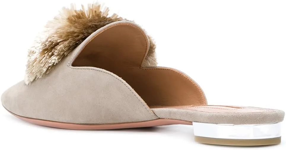 Divanne Mules for Women, Puff Pompom-Embellished Slip On Loafers Backless Pointed Toe Satin Mule Slides