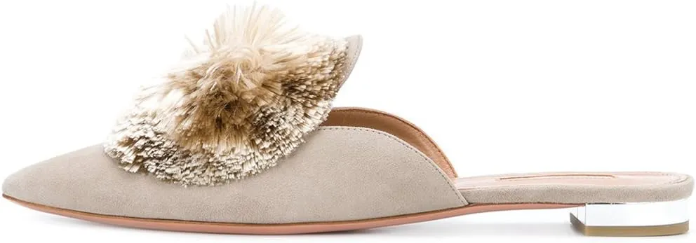 Divanne Mules for Women, Puff Pompom-Embellished Slip On Loafers Backless Pointed Toe Satin Mule Slides