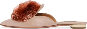 Divanne Mules for Women, Puff Pompom-Embellished Slip On Loafers Backless Pointed Toe Satin Mule Slides