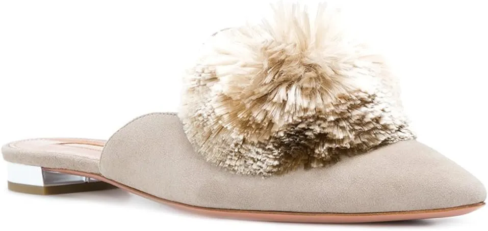 Divanne Mules for Women, Puff Pompom-Embellished Slip On Loafers Backless Pointed Toe Satin Mule Slides