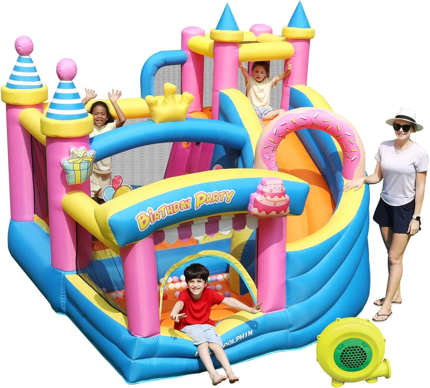 Doctor Dolphin Bounce House with Slide, Kids Jumping Castle with Ball pits, Pink Bouncy House with Slide for Kids Birthday Party