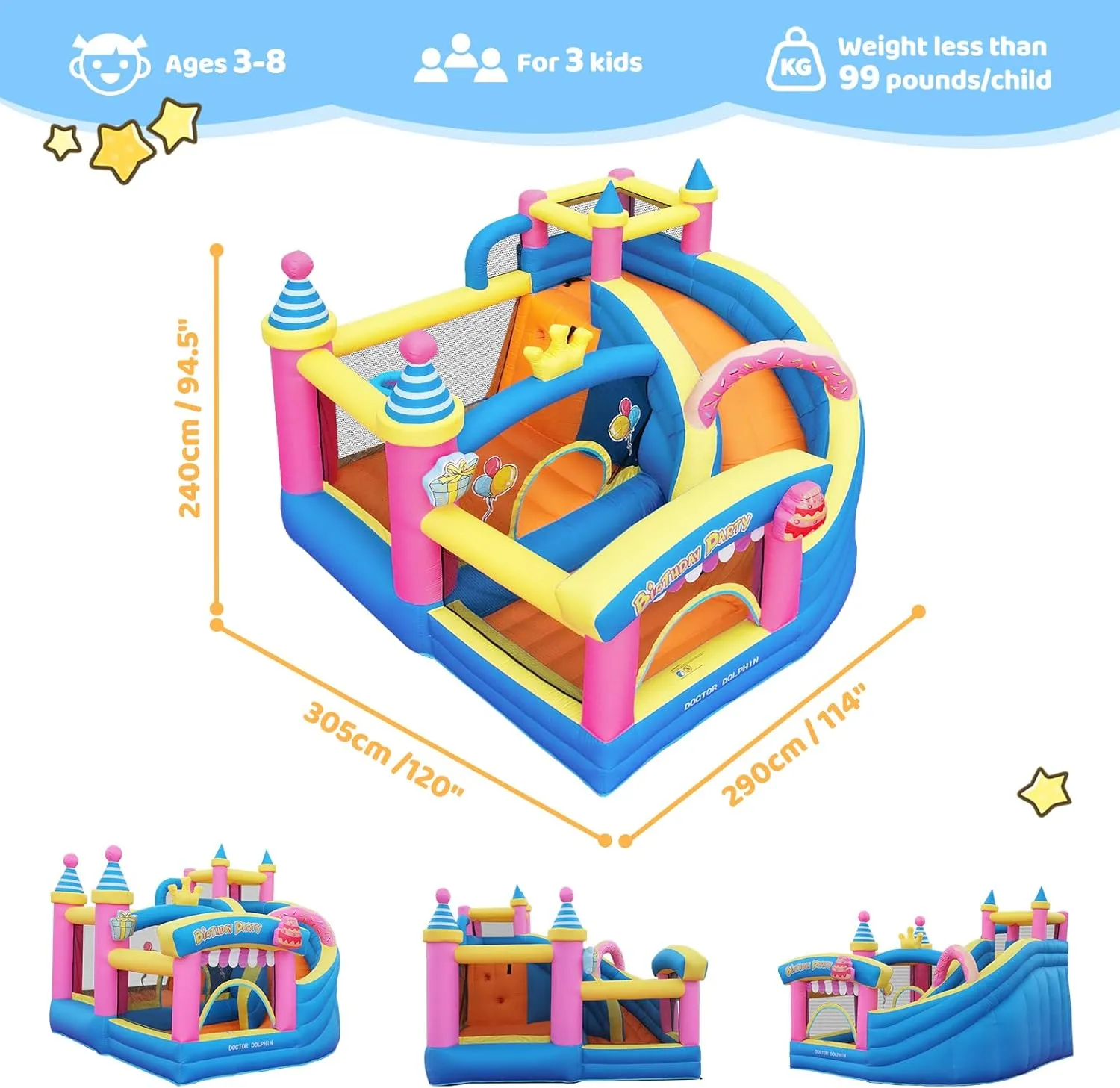 Doctor Dolphin Bounce House with Slide, Kids Jumping Castle with Ball pits, Pink Bouncy House with Slide for Kids Birthday Party