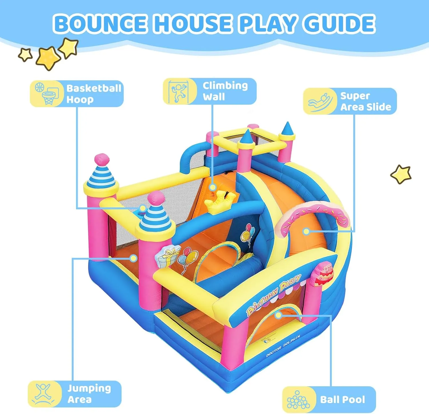Doctor Dolphin Bounce House with Slide, Kids Jumping Castle with Ball pits, Pink Bouncy House with Slide for Kids Birthday Party
