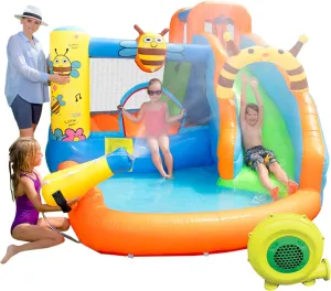 Doctor Dolphin Inflatable Water Slide, Bounce House with Slide for Wet and Dry, Water Bounce House with Blower, Inflatable Water Park Bouncy House for Kids Outdoor Bee Theme Bouncy Castle Water Toy