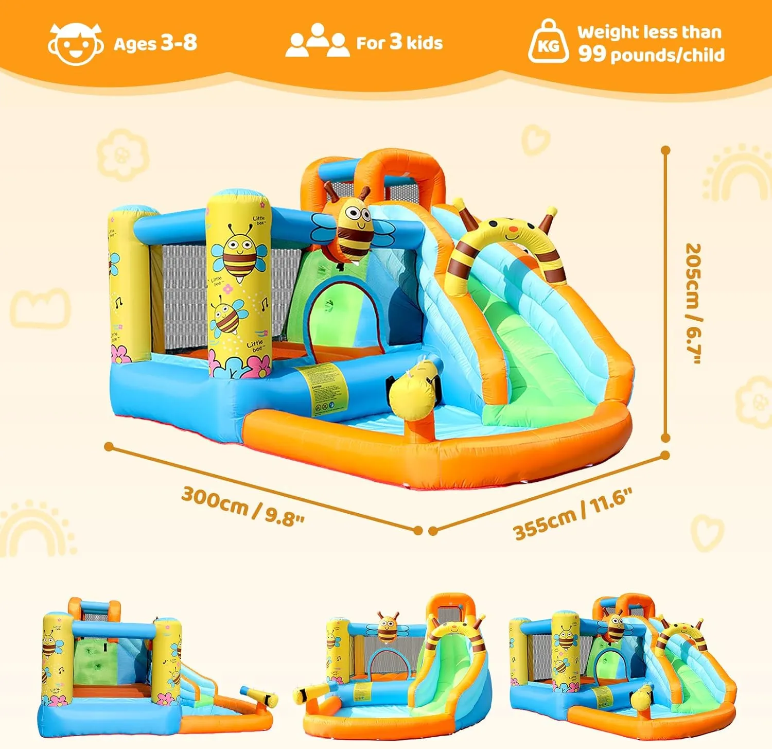 Doctor Dolphin Inflatable Water Slide, Bounce House with Slide for Wet and Dry, Water Bounce House with Blower, Inflatable Water Park Bouncy House for Kids Outdoor Bee Theme Bouncy Castle Water Toy