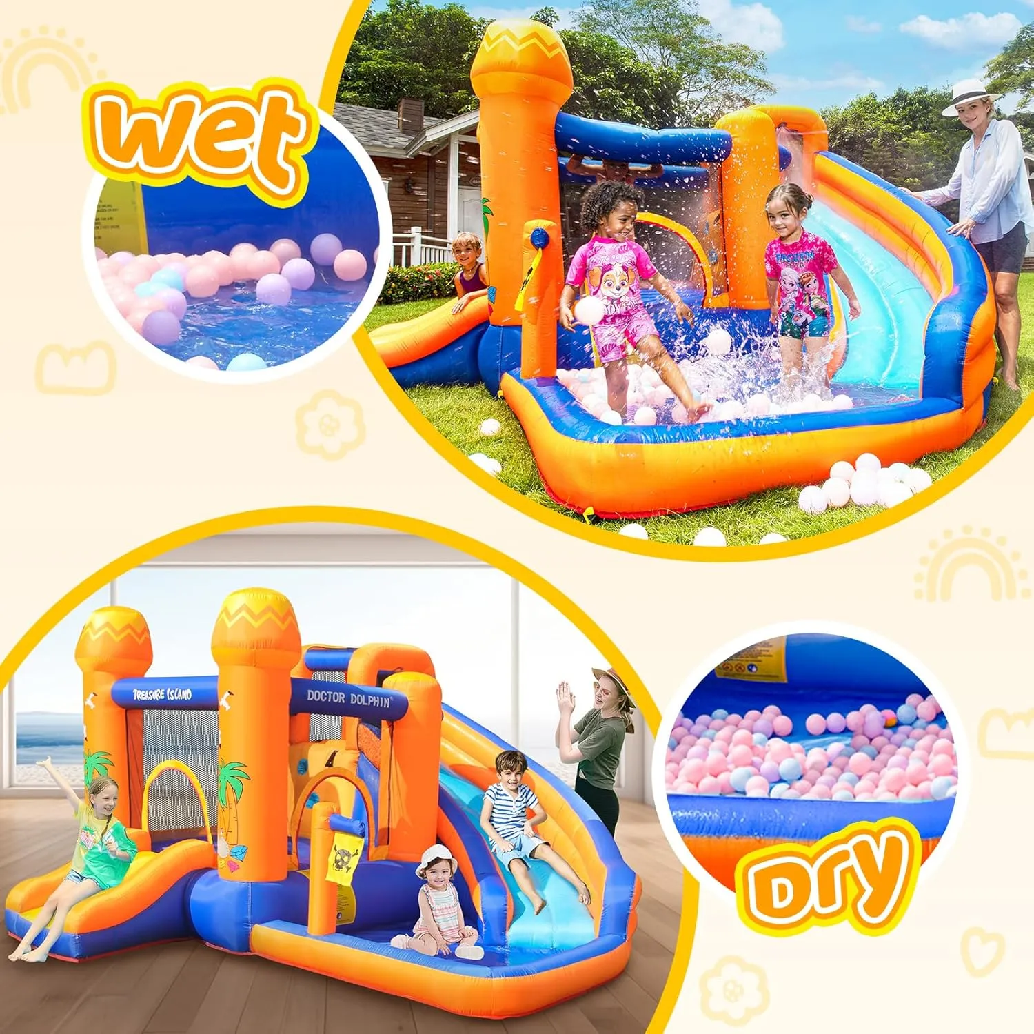 Doctor Dolphin Inflatable Water Slide, Water Bounce House for Big Kids，Water Slides for Kids Backyard, Inflatable Water Park Bouncy House for Wet and Dry with Splash Pool