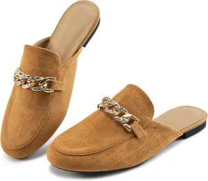 Ecetana Women Mules Flats Shoes Comfortable Metal Chain Rhinestone Round Toe Backless Loafers Slip on Casual Slides