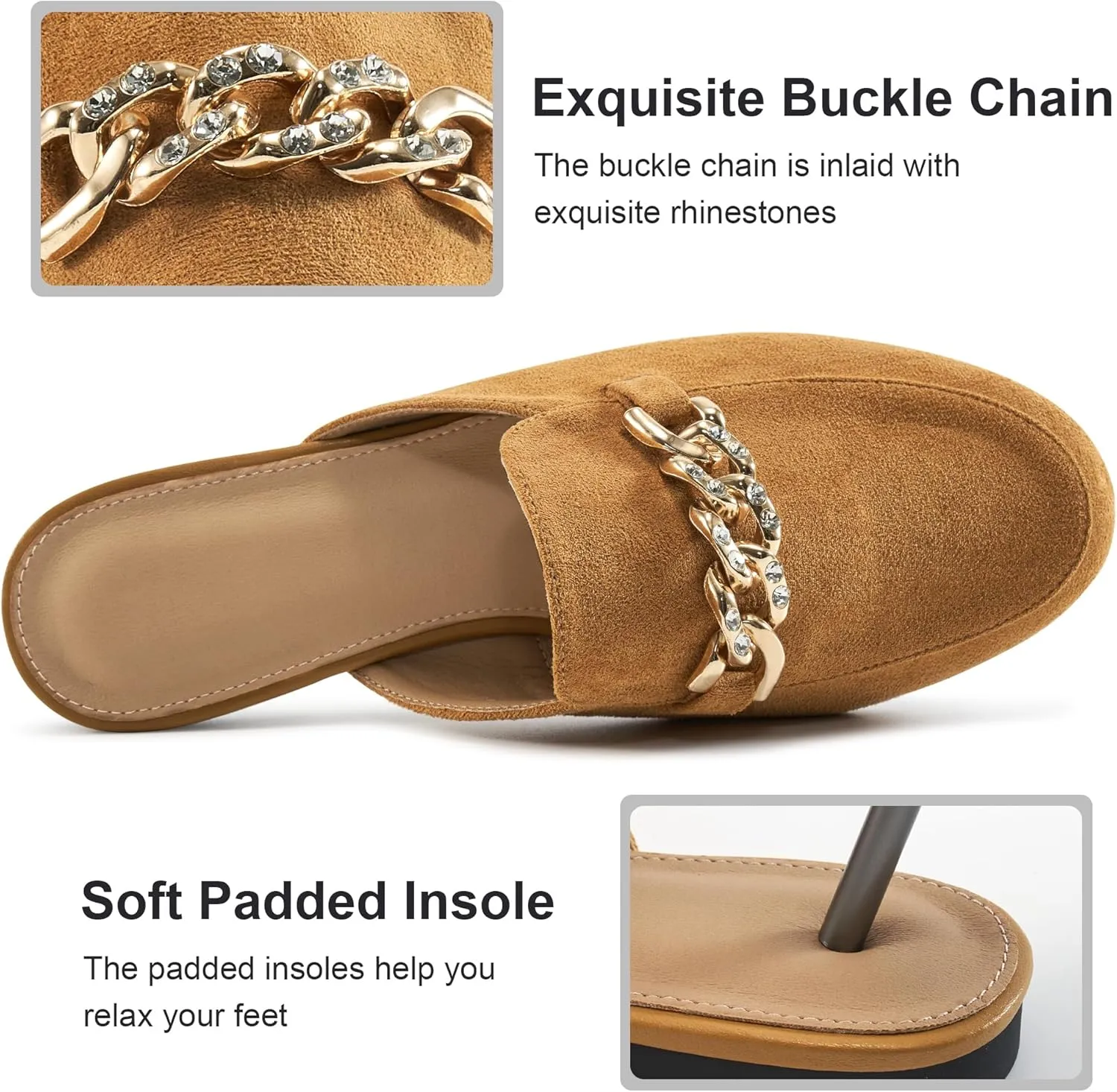 Ecetana Women Mules Flats Shoes Comfortable Metal Chain Rhinestone Round Toe Backless Loafers Slip on Casual Slides