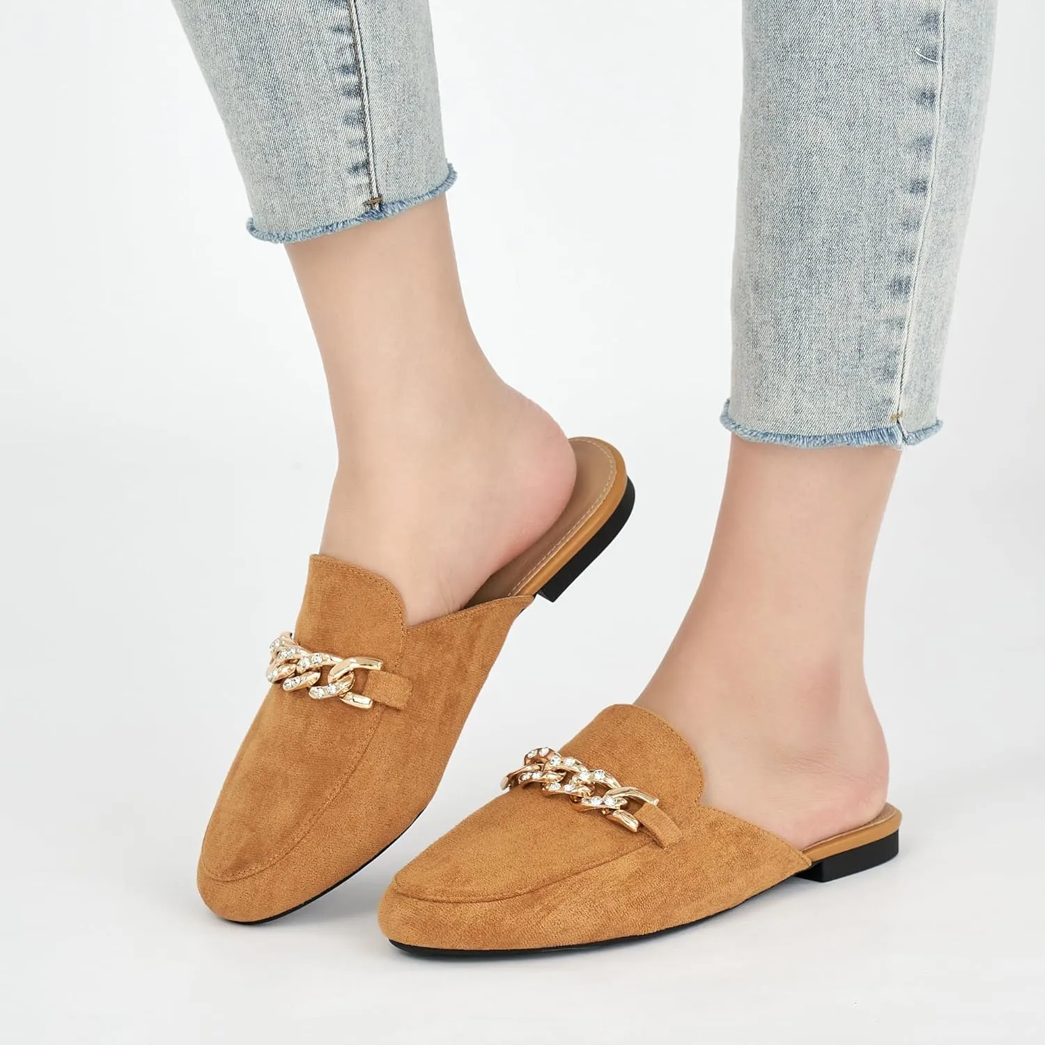 Ecetana Women Mules Flats Shoes Comfortable Metal Chain Rhinestone Round Toe Backless Loafers Slip on Casual Slides