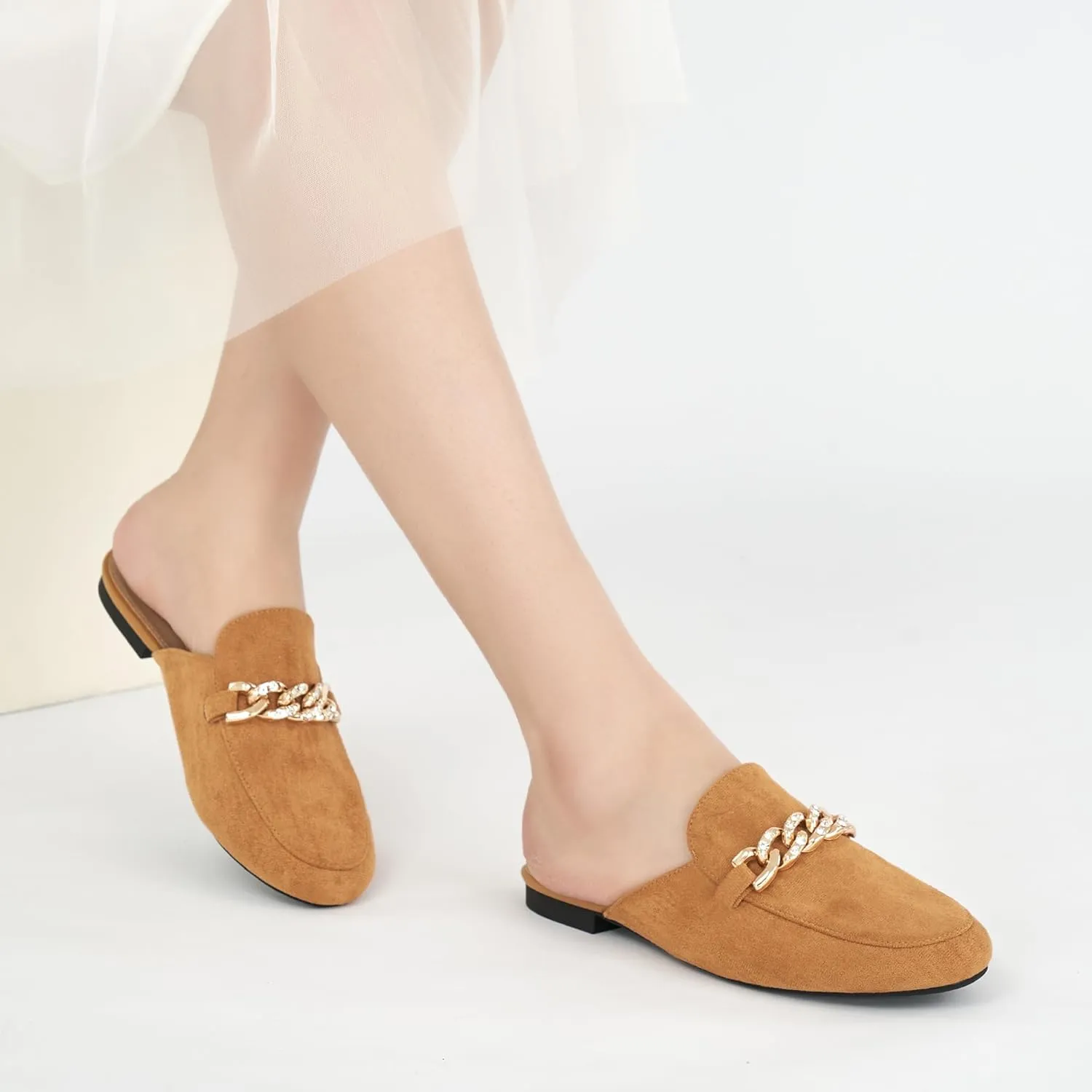 Ecetana Women Mules Flats Shoes Comfortable Metal Chain Rhinestone Round Toe Backless Loafers Slip on Casual Slides