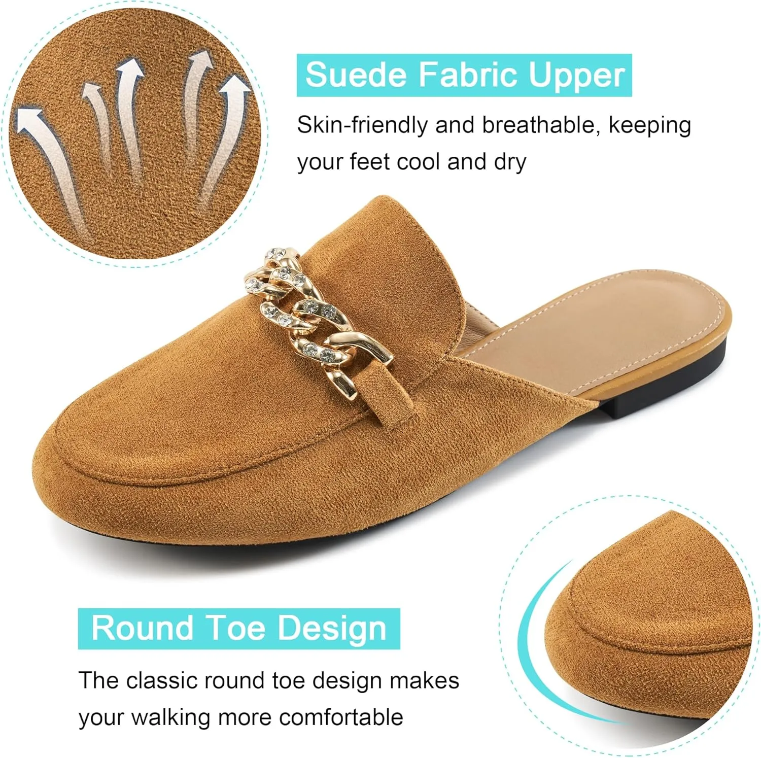 Ecetana Women Mules Flats Shoes Comfortable Metal Chain Rhinestone Round Toe Backless Loafers Slip on Casual Slides