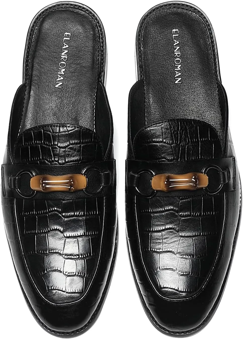 ELANROMAN Men's Backless Loafers Black Genuine Leather Mules Slippers Slip on Shoes