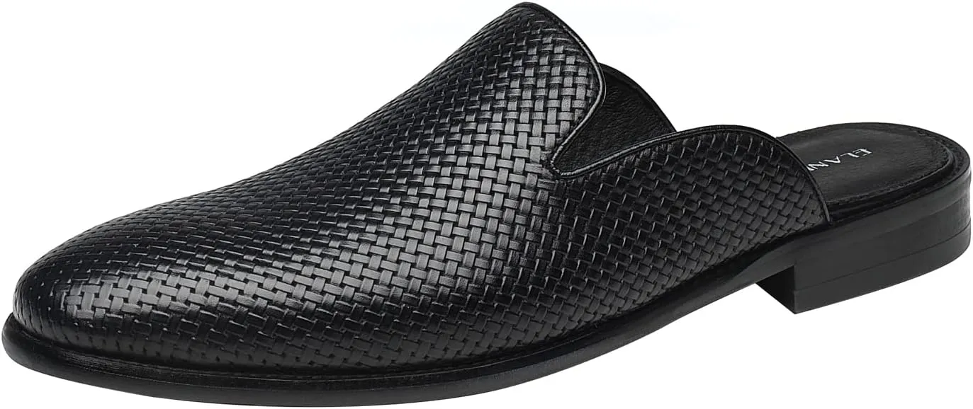 ELANROMAN Men's Backless Loafers Black Genuine Leather Mules Slippers Slip on Shoes