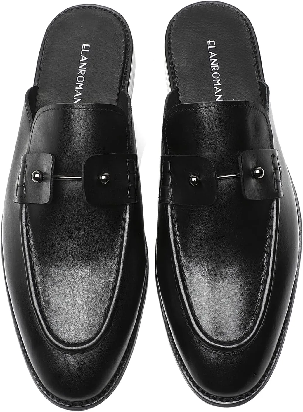ELANROMAN Men's Backless Loafers Black Genuine Leather Mules Slippers Slip on Shoes