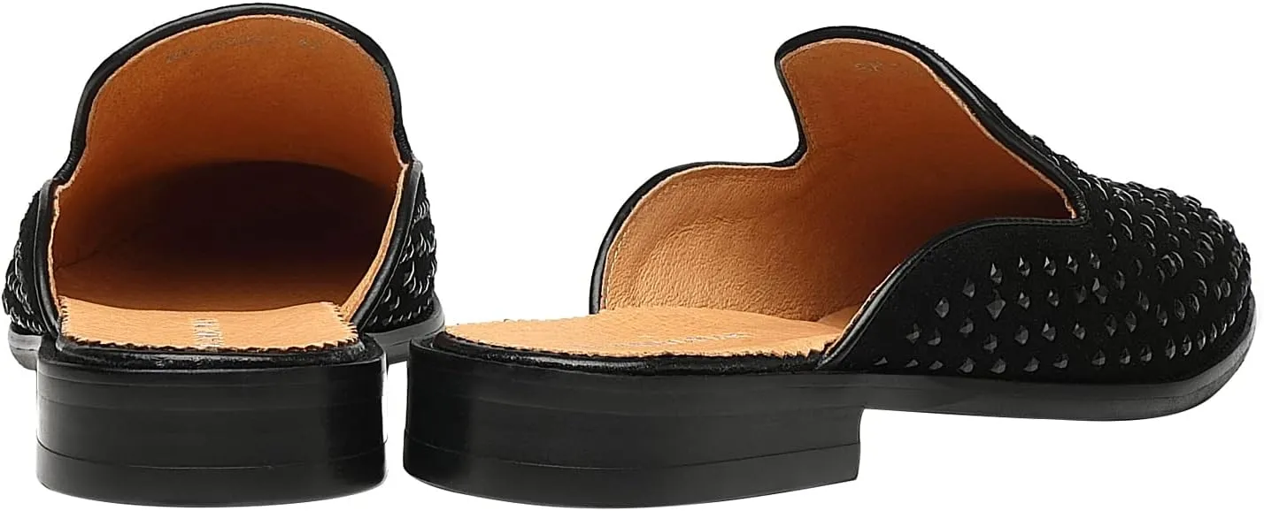 ELANROMAN Men's Backless Loafers Black Genuine Leather Mules Slippers Slip on Shoes