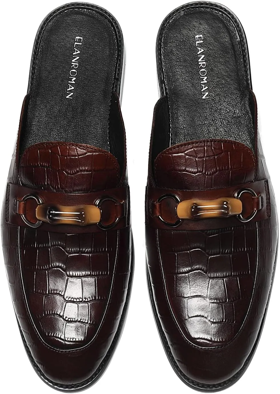 ELANROMAN Men's Backless Loafers Black Genuine Leather Mules Slippers Slip on Shoes