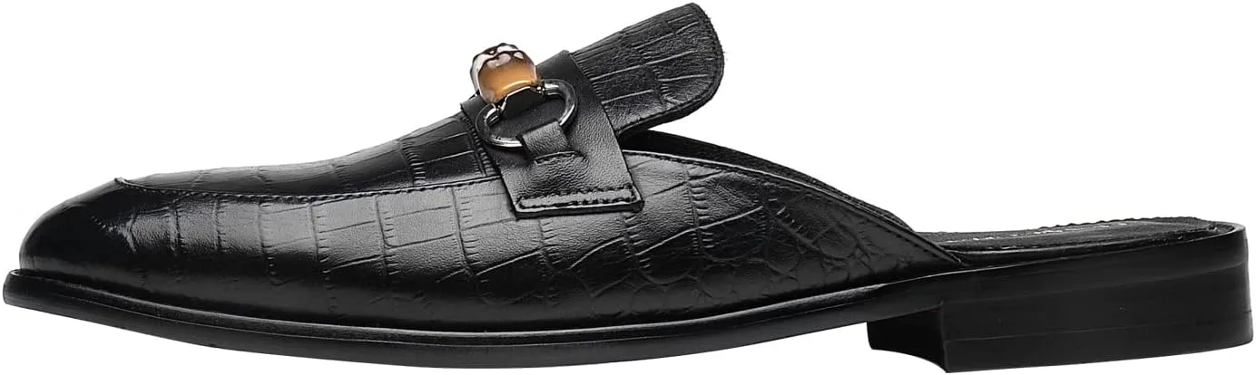 ELANROMAN Men's Backless Loafers Black Genuine Leather Mules Slippers Slip on Shoes