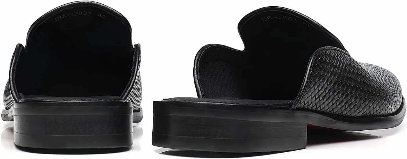 ELANROMAN Men's Backless Loafers Black Genuine Leather Mules Slippers Slip on Shoes