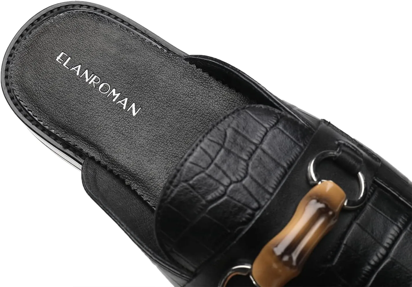ELANROMAN Men's Backless Loafers Black Genuine Leather Mules Slippers Slip on Shoes