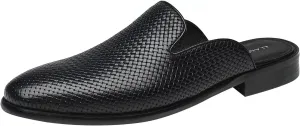ELANROMAN Men's Backless Loafers Black Genuine Leather Mules Slippers Slip on Shoes