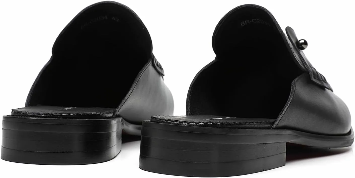 ELANROMAN Men's Backless Loafers Black Genuine Leather Mules Slippers Slip on Shoes