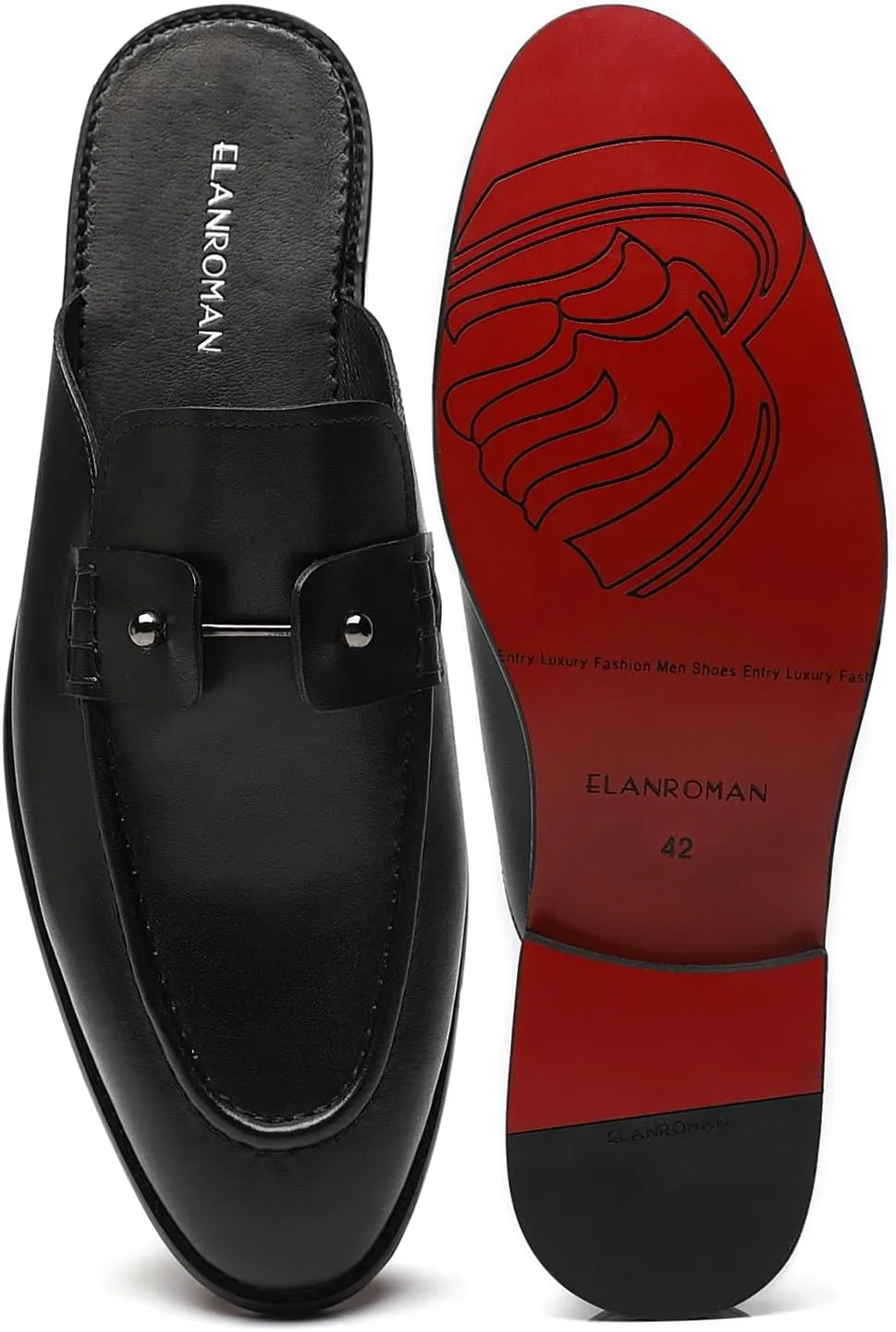 ELANROMAN Men's Backless Loafers Black Genuine Leather Mules Slippers Slip on Shoes