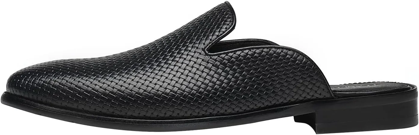ELANROMAN Men's Backless Loafers Black Genuine Leather Mules Slippers Slip on Shoes