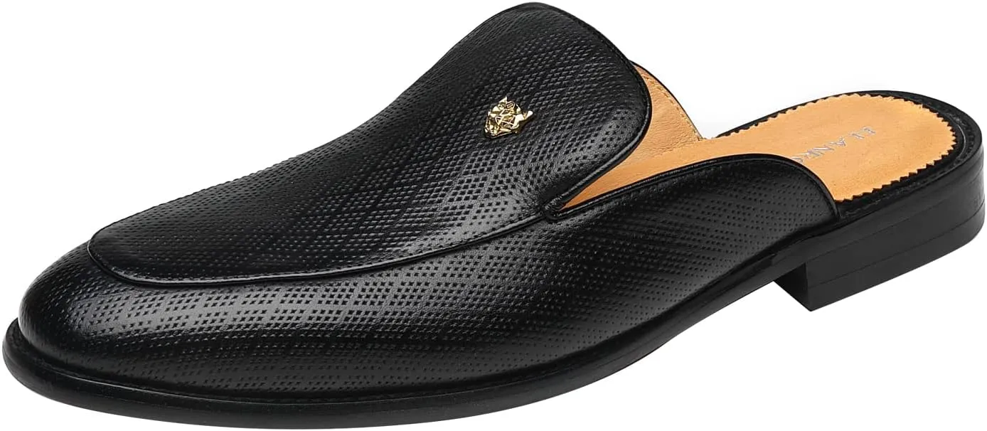 ELANROMAN Men's Backless Loafers Black Genuine Leather Mules Slippers Slip on Shoes