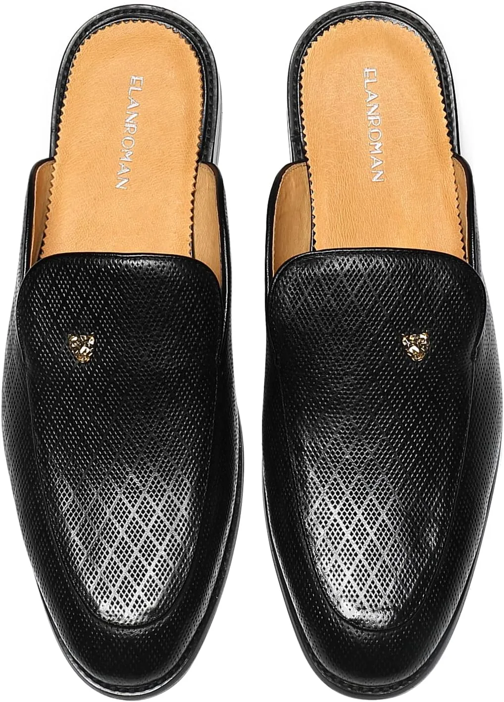 ELANROMAN Men's Backless Loafers Black Genuine Leather Mules Slippers Slip on Shoes