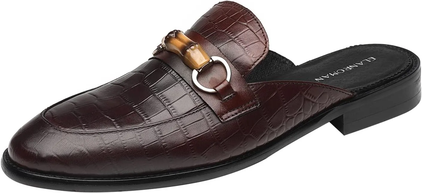 ELANROMAN Men's Backless Loafers Black Genuine Leather Mules Slippers Slip on Shoes