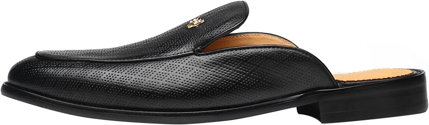 ELANROMAN Men's Backless Loafers Black Genuine Leather Mules Slippers Slip on Shoes