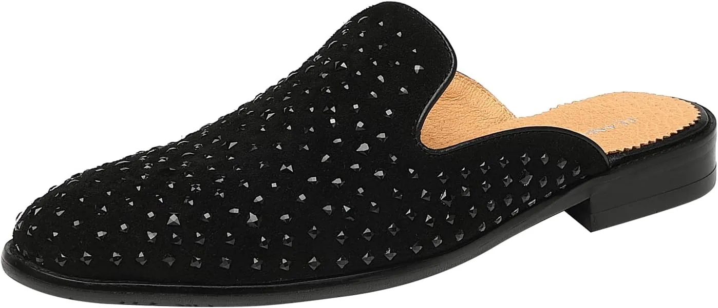 ELANROMAN Men's Backless Loafers Black Genuine Leather Mules Slippers Slip on Shoes