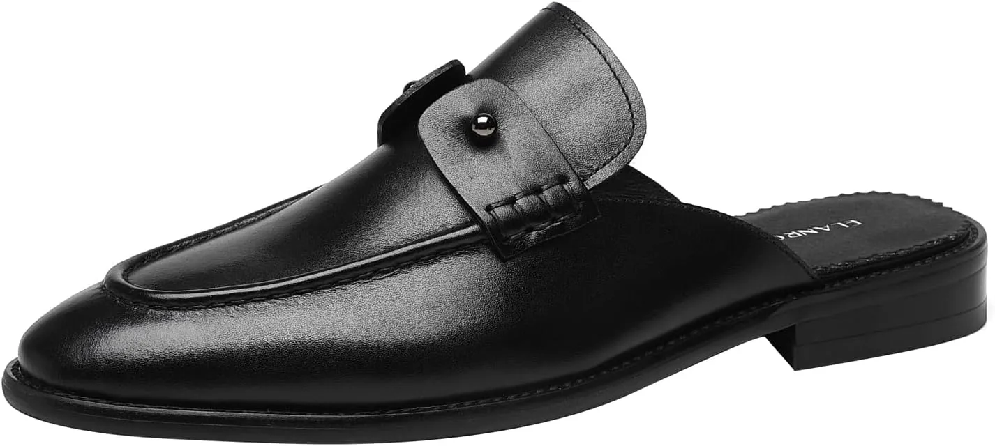 ELANROMAN Men's Backless Loafers Black Genuine Leather Mules Slippers Slip on Shoes