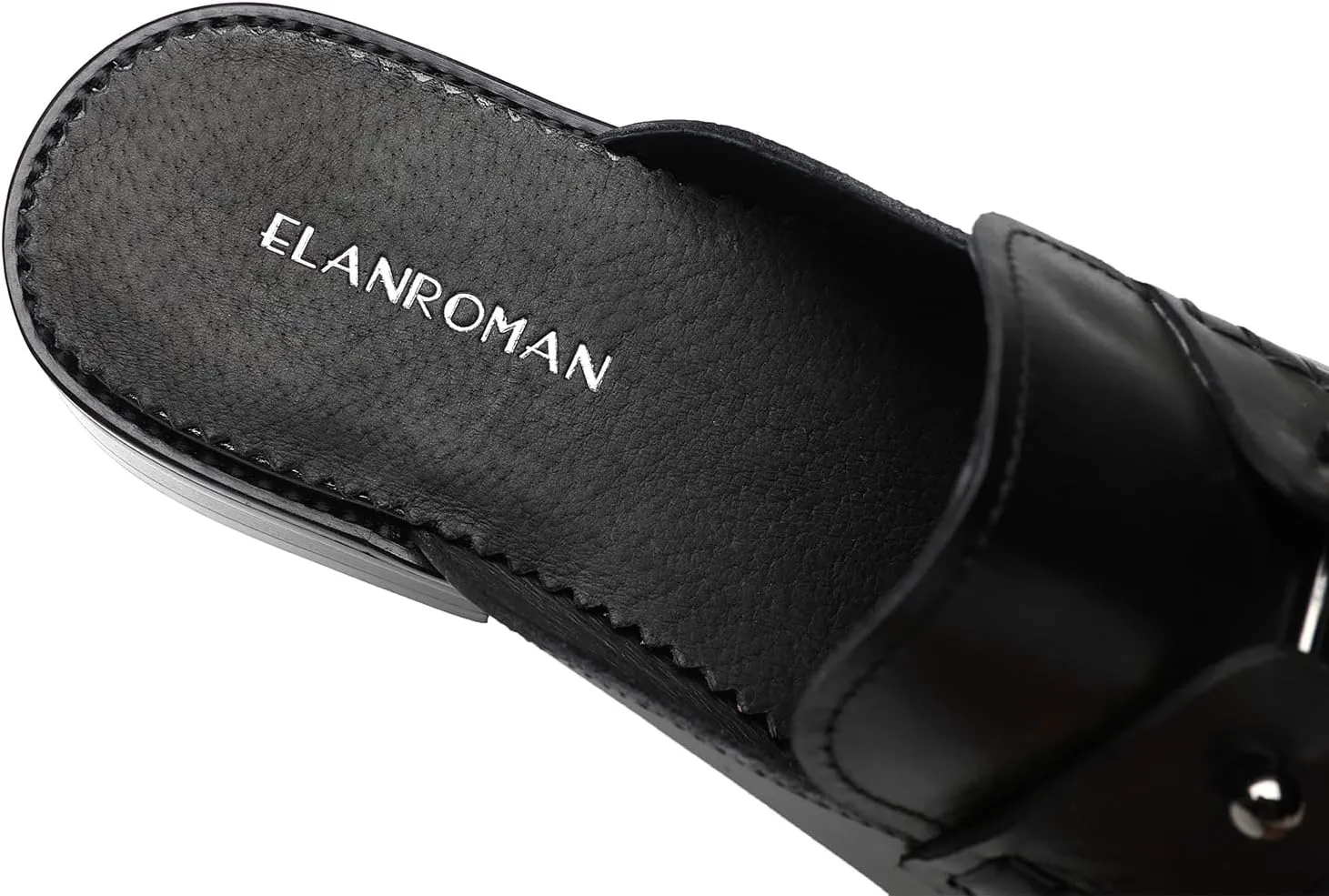ELANROMAN Men's Backless Loafers Black Genuine Leather Mules Slippers Slip on Shoes