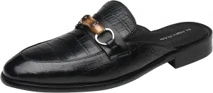 ELANROMAN Men's Backless Loafers Black Genuine Leather Mules Slippers Slip on Shoes