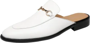 ELANROMAN Men's Loafers Backless Genuine Leather Mules Horse Buckle Shoes