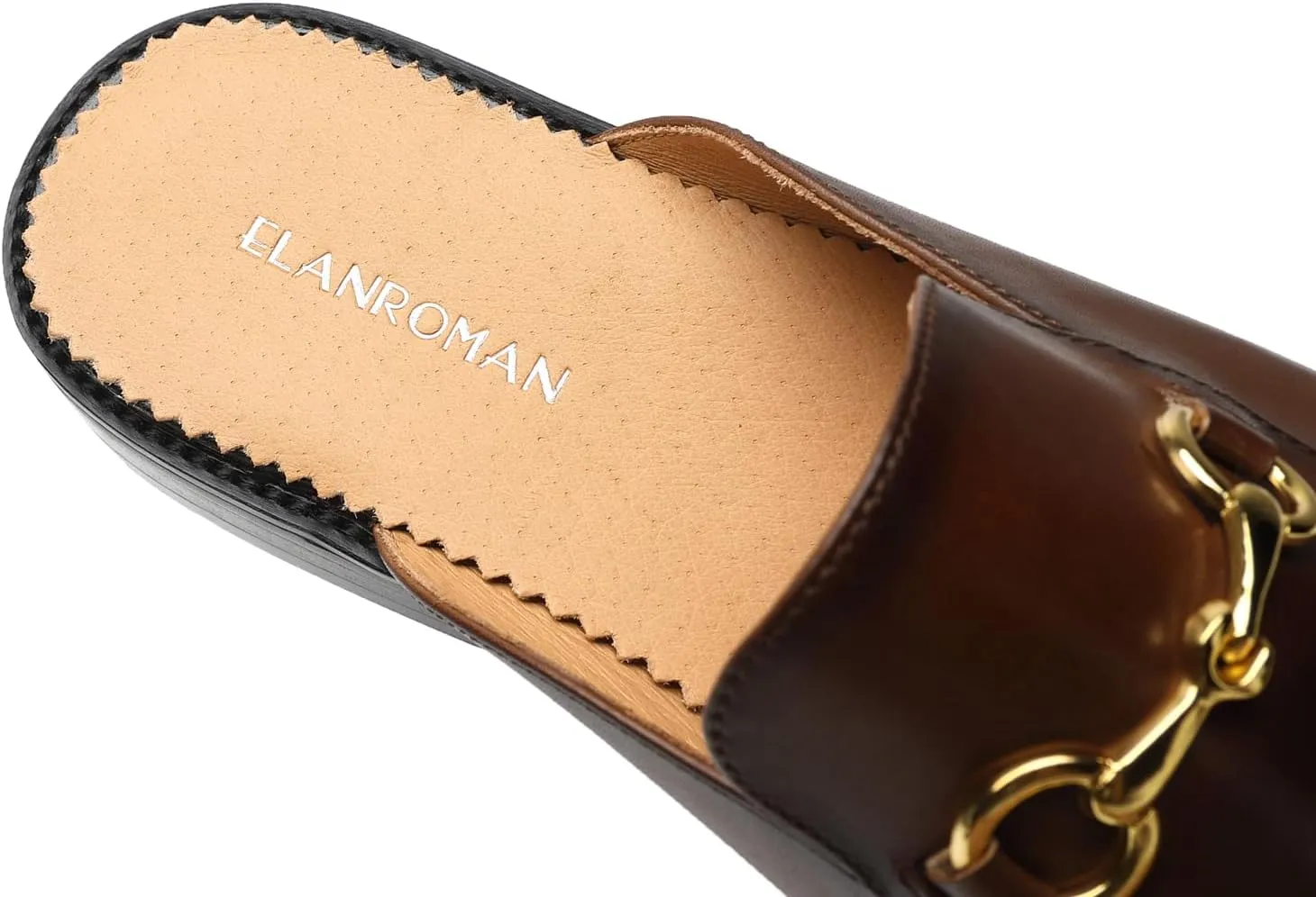 ELANROMAN Men's Loafers Backless Genuine Leather Mules Horse Buckle Shoes