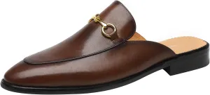 ELANROMAN Men's Loafers Backless Genuine Leather Mules Horse Buckle Shoes