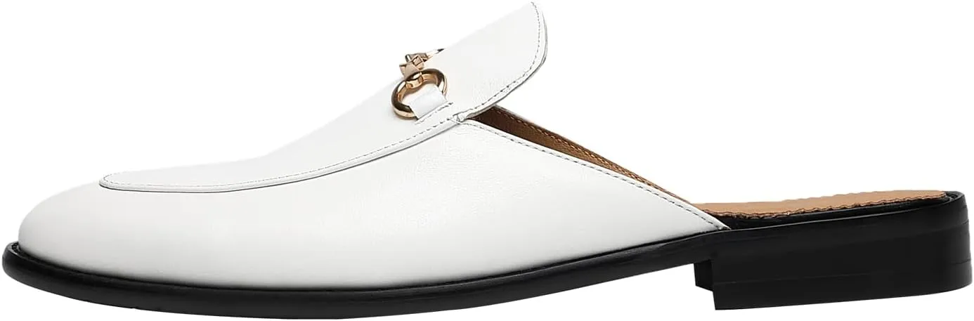 ELANROMAN Men's Loafers Backless Genuine Leather Mules Horse Buckle Shoes