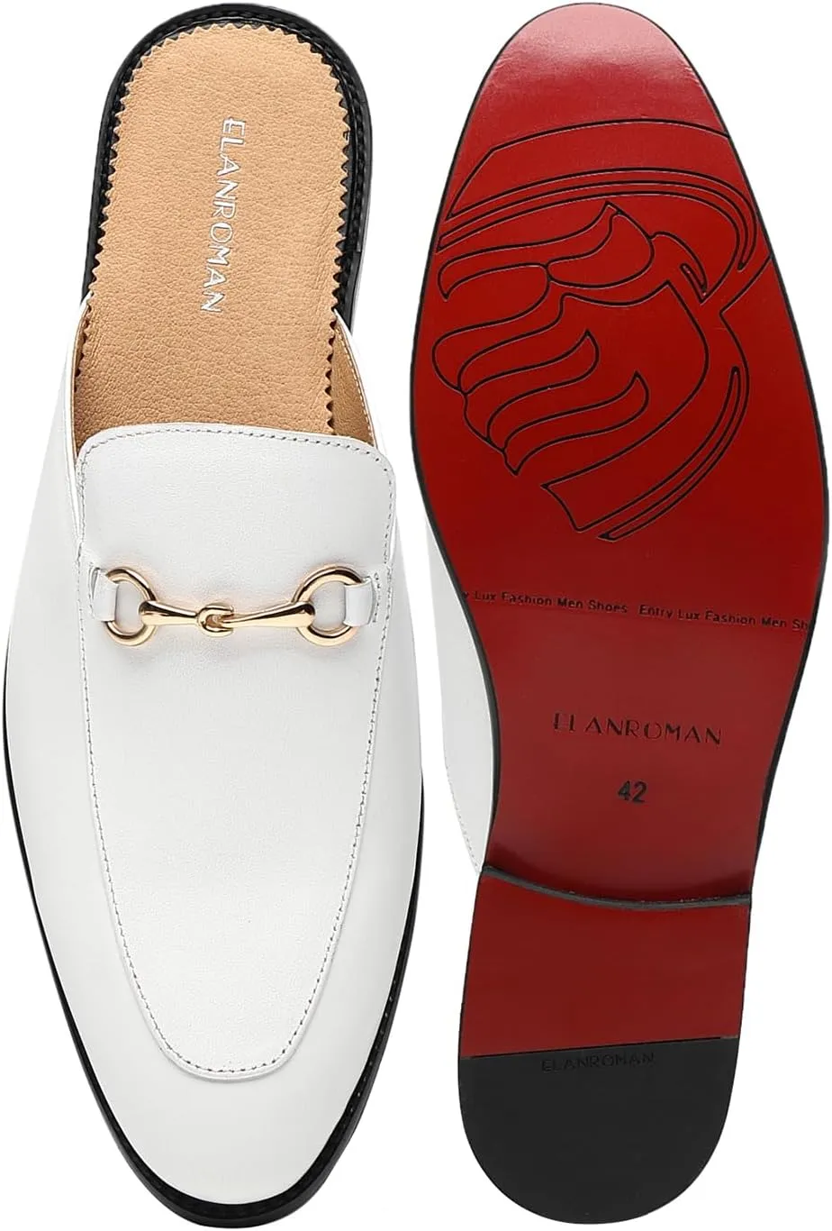 ELANROMAN Men's Loafers Backless Genuine Leather Mules Horse Buckle Shoes