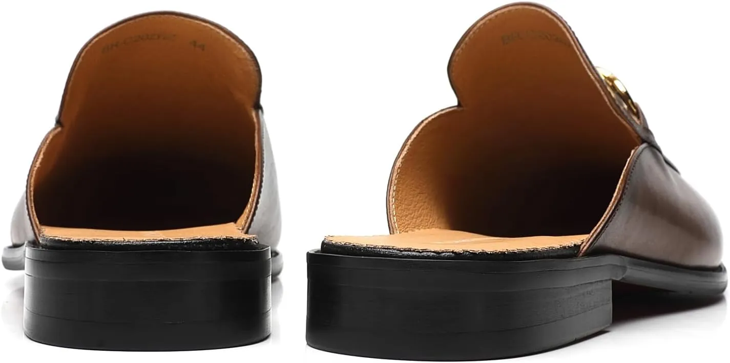 ELANROMAN Men's Loafers Backless Genuine Leather Mules Horse Buckle Shoes