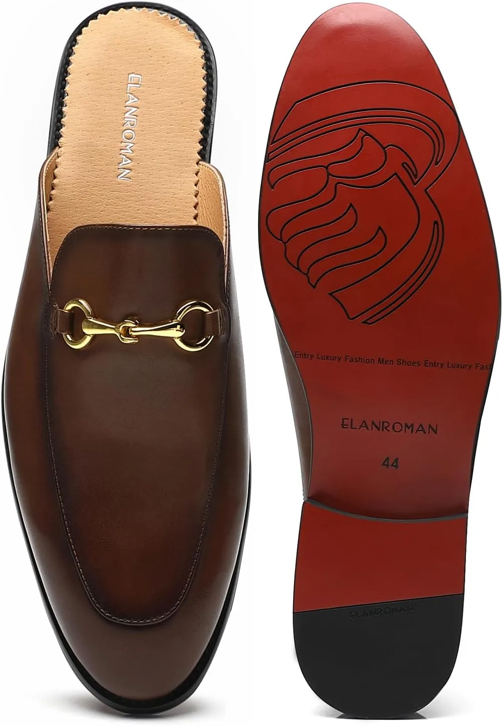 ELANROMAN Men's Loafers Backless Genuine Leather Mules Horse Buckle Shoes