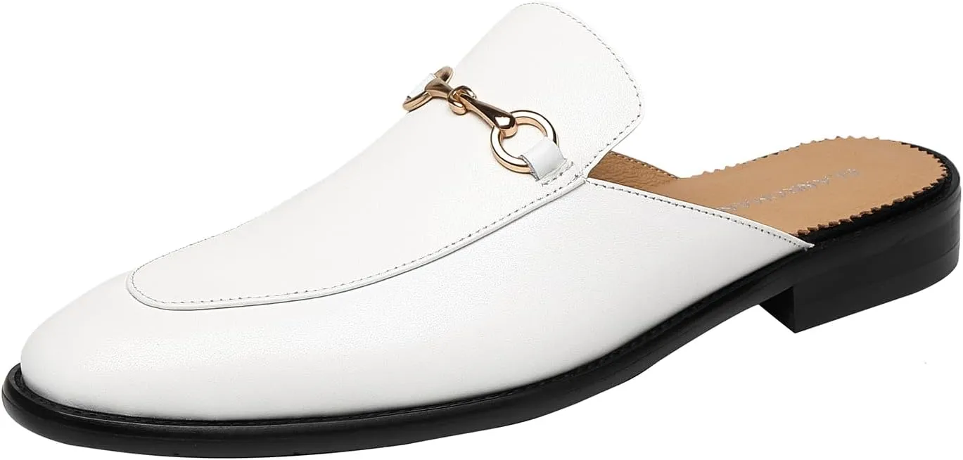 ELANROMAN Men's Loafers Backless Genuine Leather Mules Horse Buckle Shoes