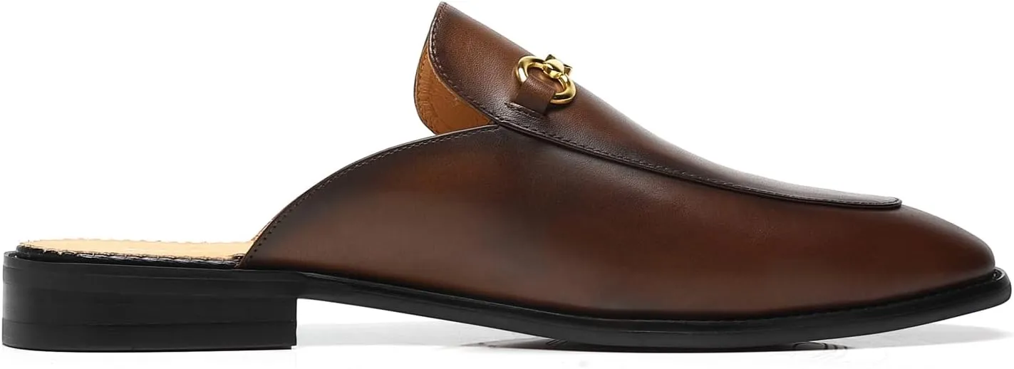 ELANROMAN Men's Loafers Backless Genuine Leather Mules Horse Buckle Shoes