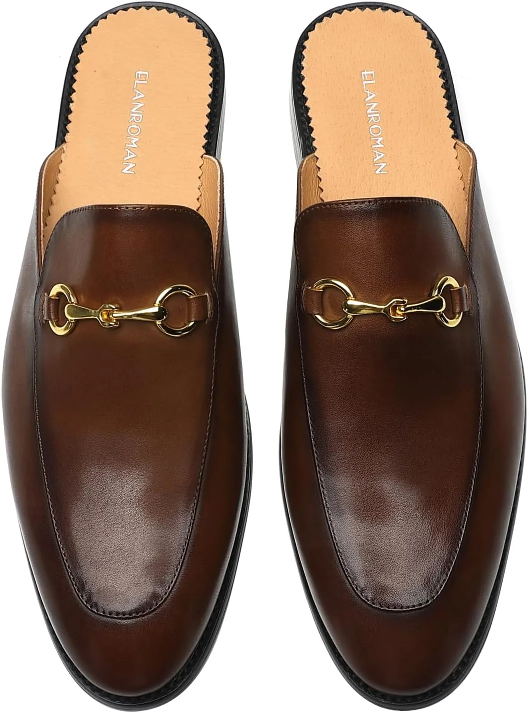 ELANROMAN Men's Loafers Backless Genuine Leather Mules Horse Buckle Shoes