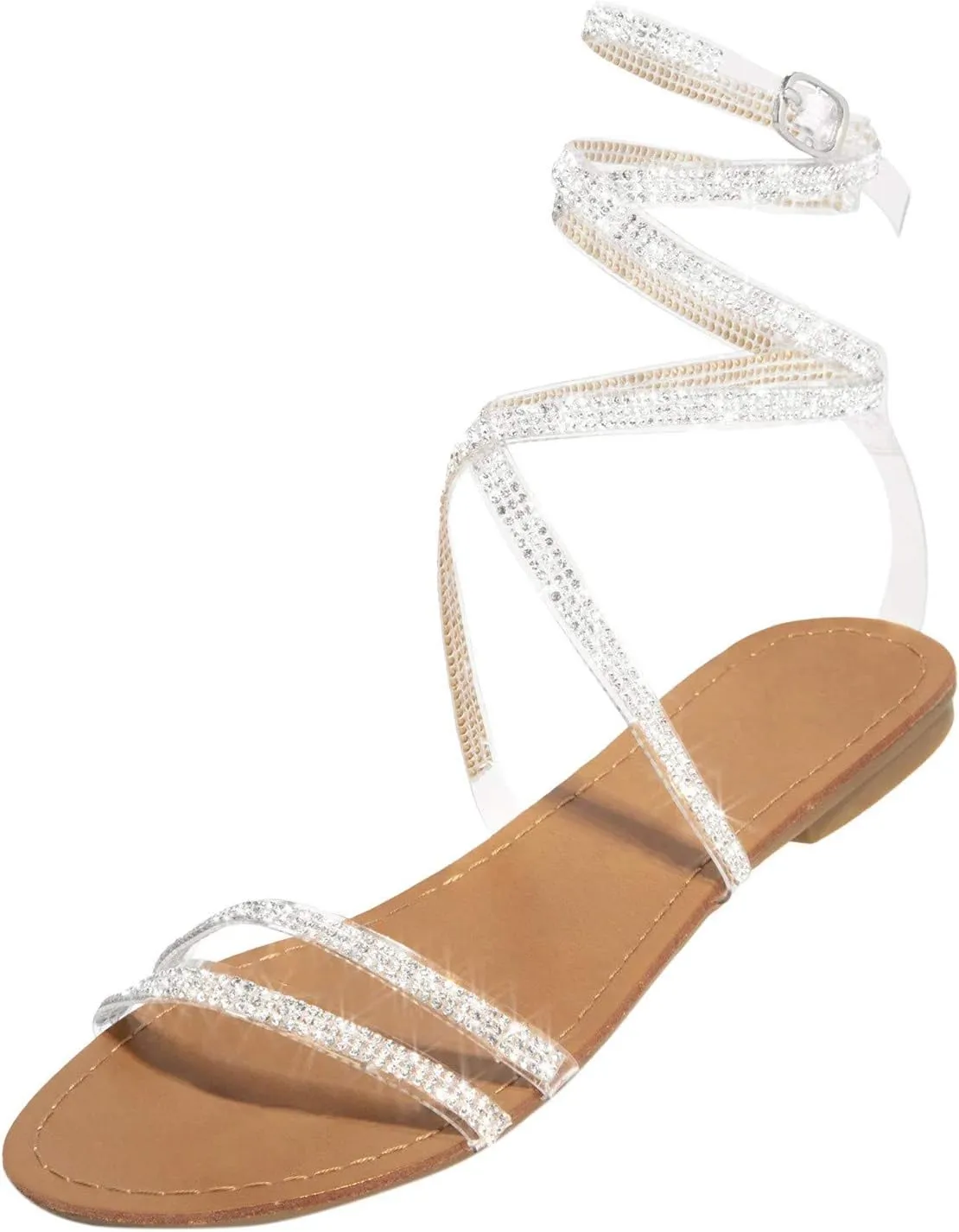 EMRELOD Sandals for Women Dressy Summer Flat Casual Summer Rhinestone Beaded Sparkly Bling Bohemian Lace Flower Sandal Comfortable Elastic Ankle Strap Beach Shoes (05-White, 7.5)