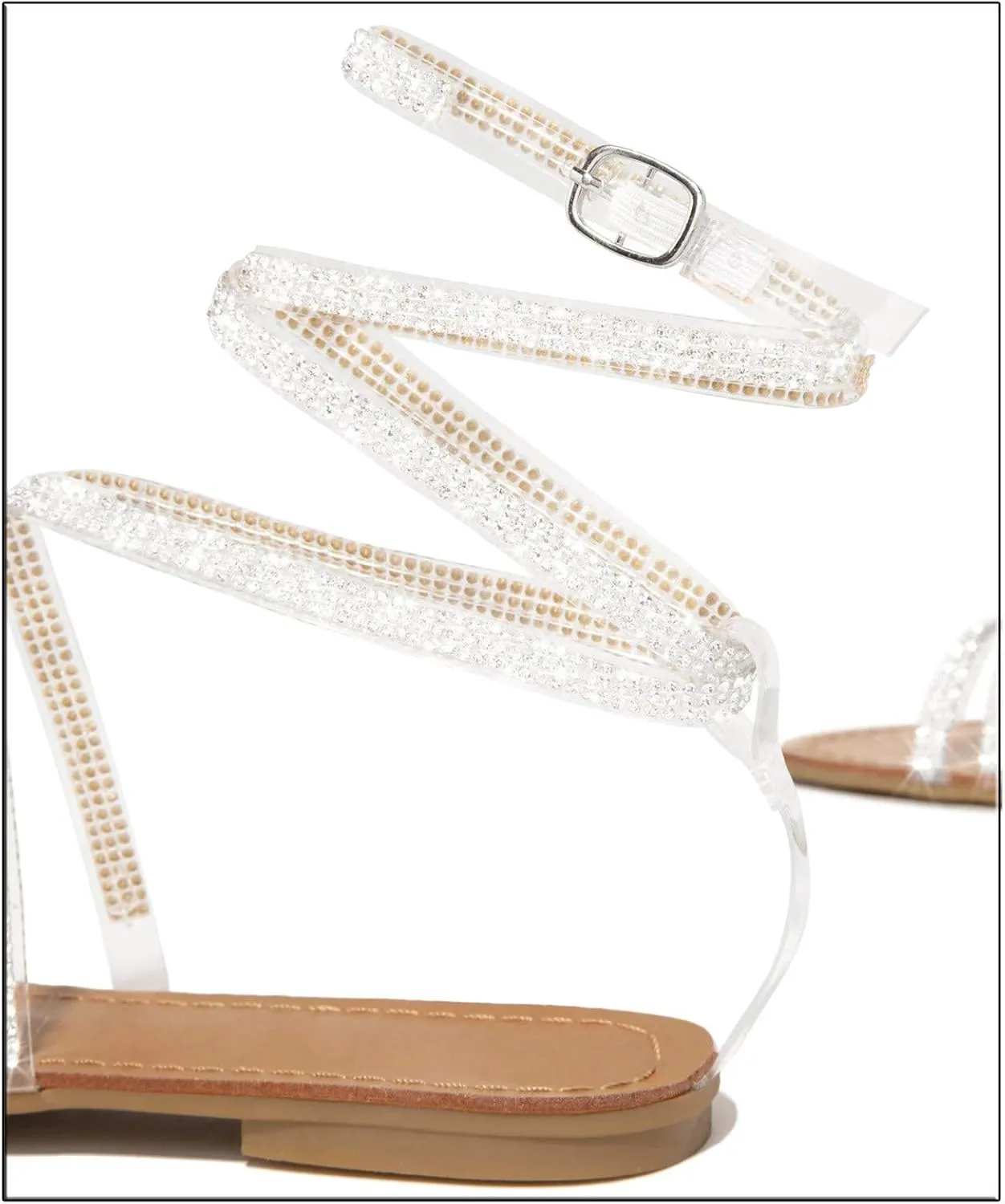 EMRELOD Sandals for Women Dressy Summer Flat Casual Summer Rhinestone Beaded Sparkly Bling Bohemian Lace Flower Sandal Comfortable Elastic Ankle Strap Beach Shoes (05-White, 7.5)
